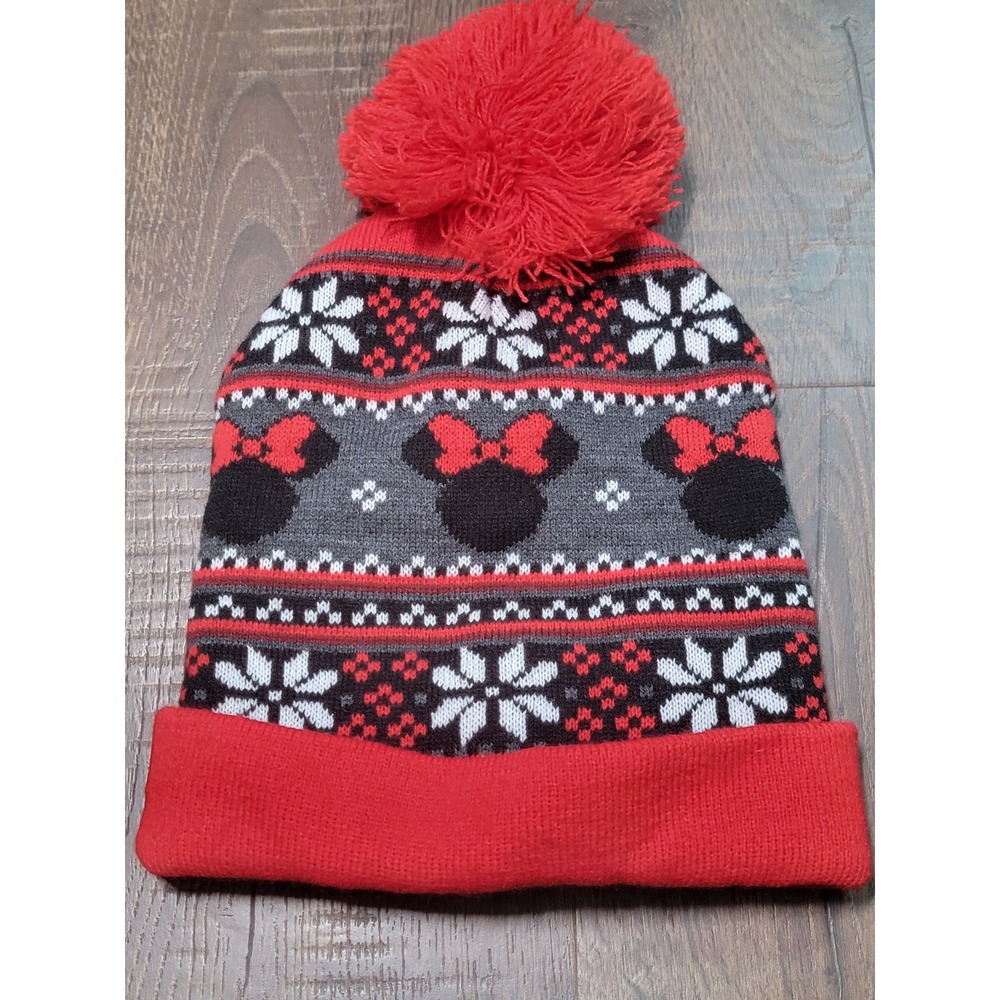 Disney Minnie Mouse Red Fair Isle Knit Beanie Pom Pom Winter Hat Snowflake OSFM